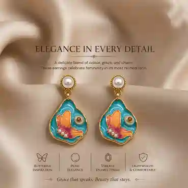 Butterfly Enamel Pearl Gold-Tone Drop Earrings